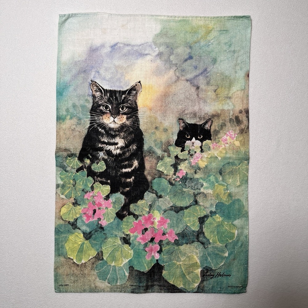 VTG Leslie Holmes Linen Tea Towel Cats Ireland Ulster Weavers Pure Irish Linen